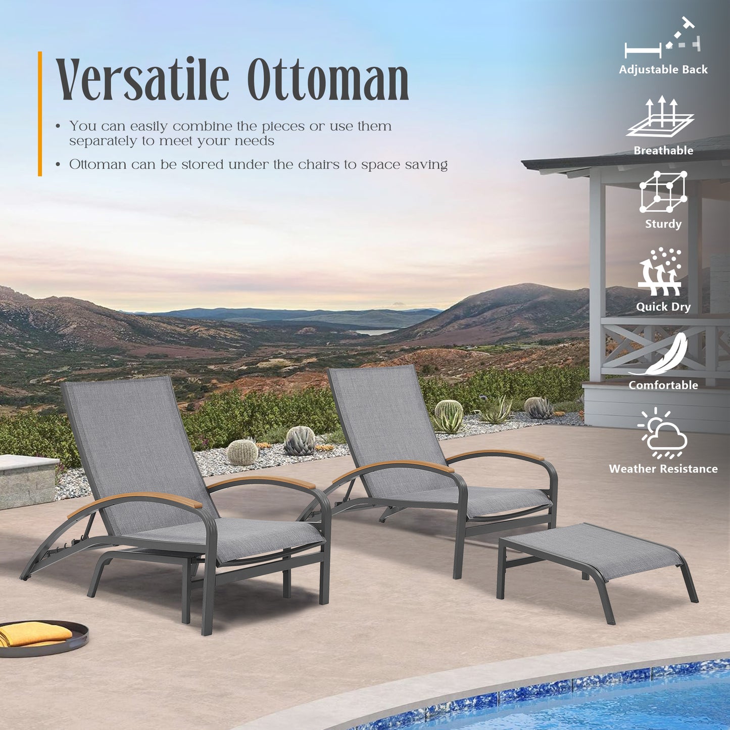 Twinpal Aluminum Chaise Lounge Set With Ottomans, Phifertex® Sling Fabric And Teak Top Side Table