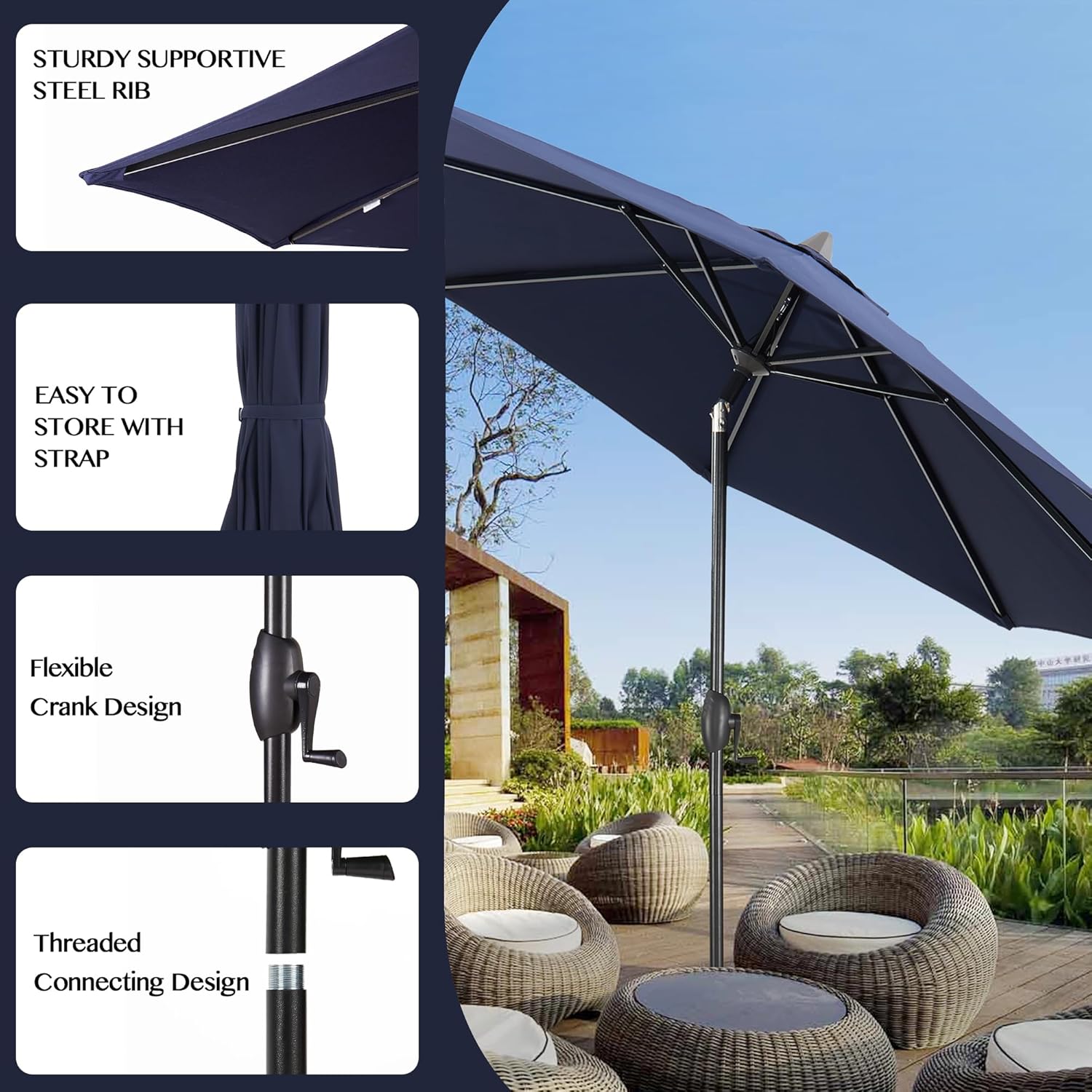 flexible patio umbrella Patio TREE 9Ft Manual-tilted Patio Round Market Umbrella with Crank Handle and Sunbrella Fabric (Canvas Navy)