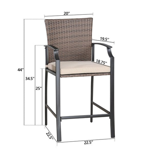 Patio Metal Bar Stools Outdoor Woven Wicker Height Bistro Chairs with Beige Seat Cushions