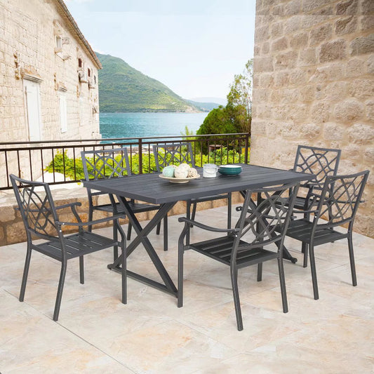 7 Pieces Patio Dining Set with 6 Steel Stackable Dining Chairs, Rectangular Modern Farmhouse Dining Table with 1.57” Umbrella Hole