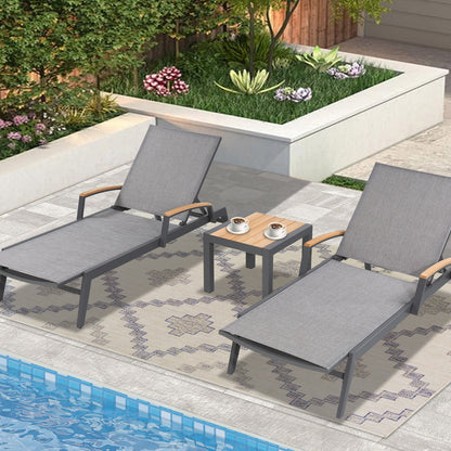 Patio Rectangular Aluminum Side Table With Teak Wood Tabletop