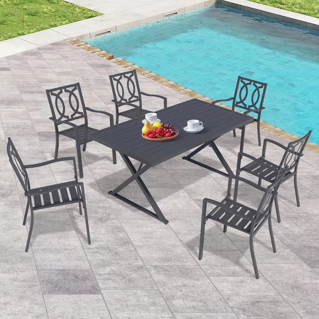 7 Pieces Patio Dining Set with 6 Steel Stackable Dining Chairs, Rectangular 66.75"L Woodiness Grains Dining Table with 1.57” Umbrella Hole