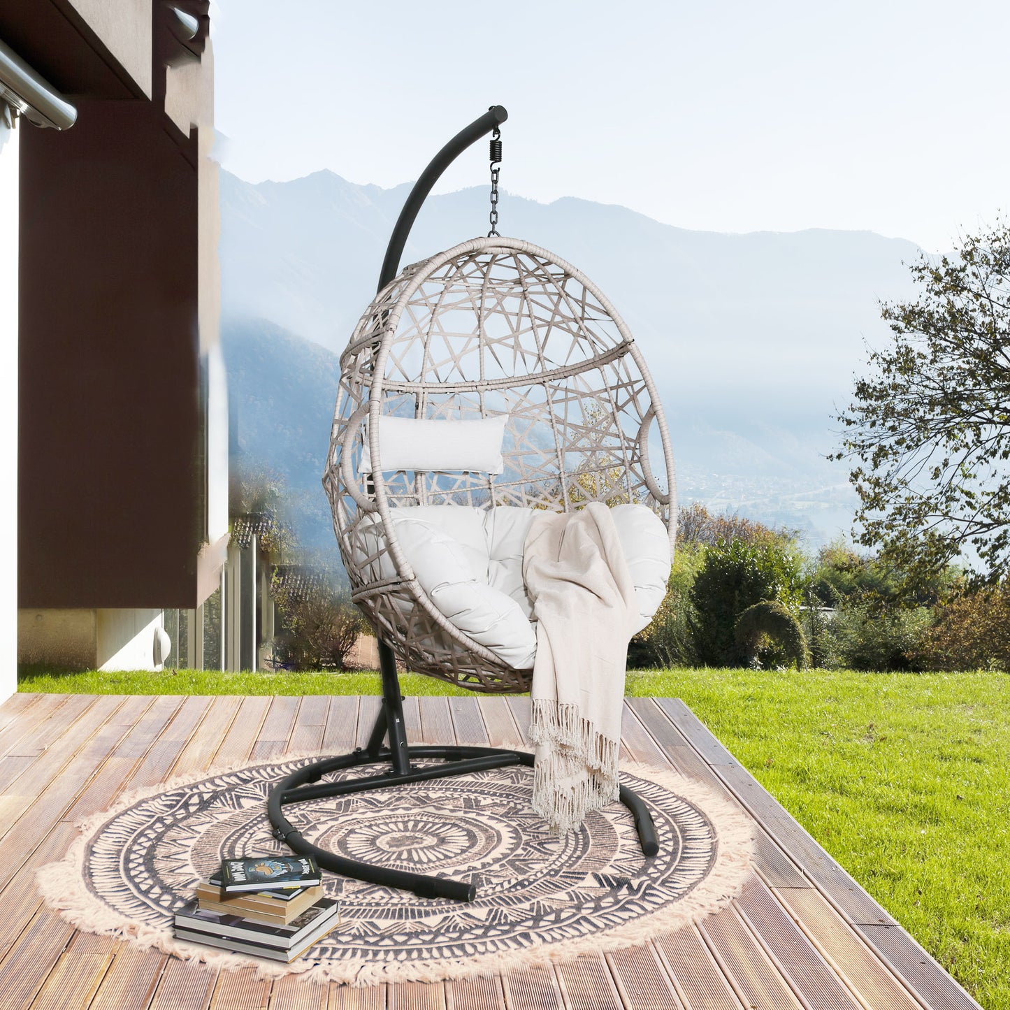 Peakhome Furnishings Swing Outdoor Patio Lounge Egg Chair with Cushion and Stand