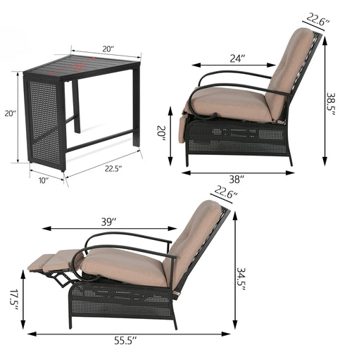 Outdoor/Indoor 2-Person Conversation set Seating Group with Recliner Chairs and Metal End Table