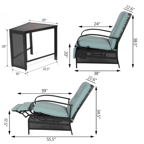 Outdoor/Indoor 2-Person Conversation set Seating Group with Recliner Chairs and Metal End Table