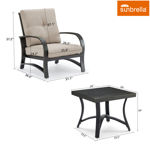 Chamber 3 Pieces Outdoor/Indoor Aluminum Patio Bistro Set with Club Chairs , Sunbrella Cushions and Side Table