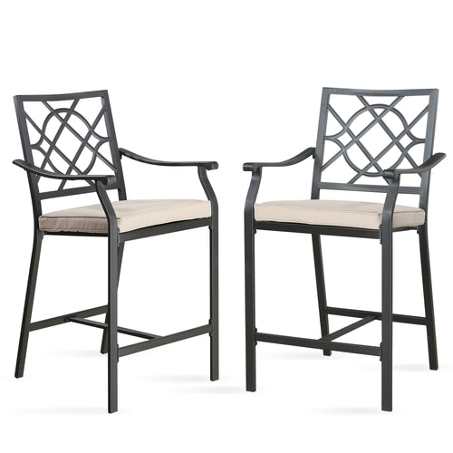 2 Pieces Patio Bar Stools Outdoor Metal Bar Height Bistro Chairs with Beige Seat and Back Cushions