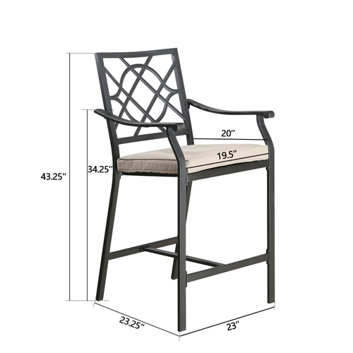 2 Pieces Patio Bar Stools Outdoor Metal Bar Height Bistro Chairs with Beige Seat and Back Cushions