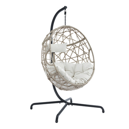 Peakhome Furnishings Outdoor/Indoor Wicker Hanging Basket Swing Egg Chair with Stand and Cushion