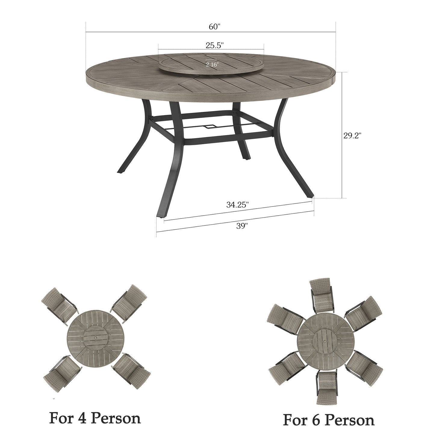 PEAKHOME Azur Patio Aluminum Round 60" Dining Table With Removable Lazy Susan for 6 Person