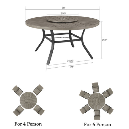 PEAKHOME Azur Patio Aluminum Round 60" Dining Table With Removable Lazy Susan for 6 Person