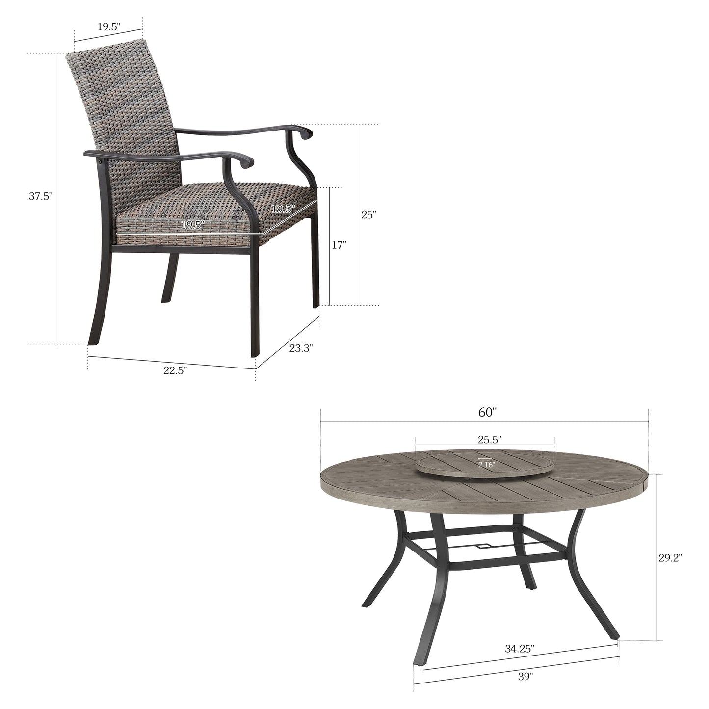 PEAKHOME Pavane Patio Round Dining Set With Lazy Susan and Quick-Drying Foam Chair