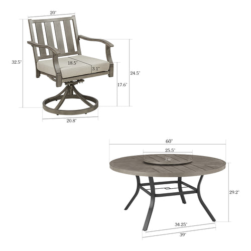 PEAKHOME Azur Patio 4 Person & 6 Person Round 60" Dining Set With Removable Lazy Susan And Sunbrella® Cushions