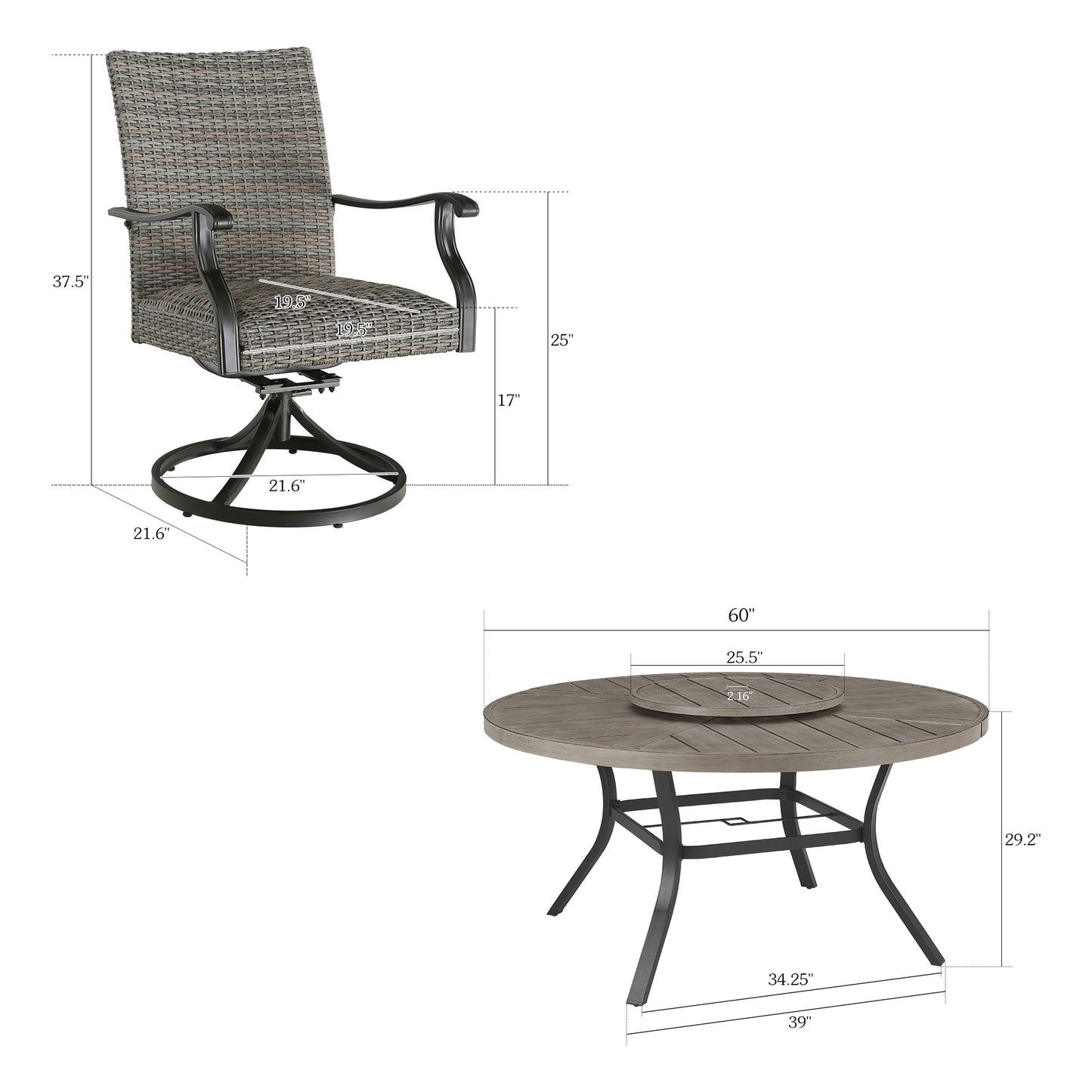 PEAKHOME Pavane Patio Round Dining Set With Lazy Susan and Quick-Drying Foam Chair