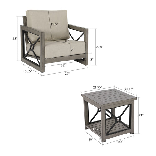 Marindo 3 Pieces Outdoor/Indoor Aluminum Bistro Set with Club Chairs , Sunbrella Cushions and Side Table