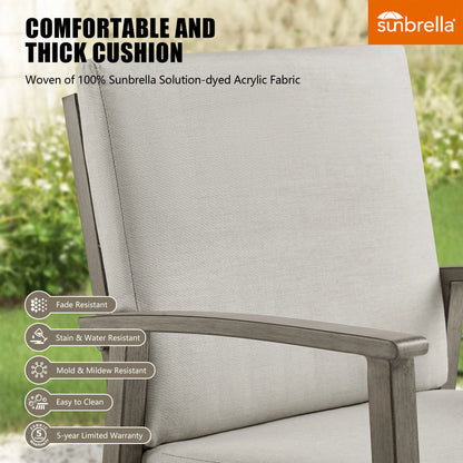 Chair with a Sunbrella cushion, featuring text about comfort, thickness, and fabric properties.