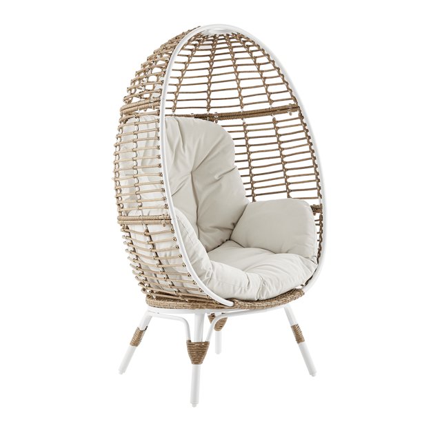Outdoor Patio Wicker Egg Chair Indoor All-Weather Rattan Lounger Chair with Cushion for Patio, Backyard, Living Room, White