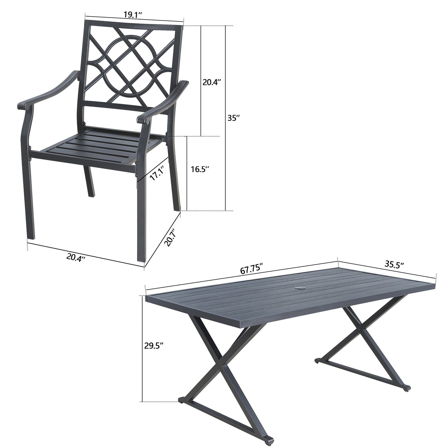 7 Pieces Patio Dining Set with 6 Steel Stackable Dining Chairs, Rectangular Modern Farmhouse Dining Table with 1.57” Umbrella Hole