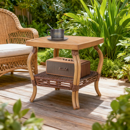Arcadia Patio Squircle End Table with Wicker Storage Shelf