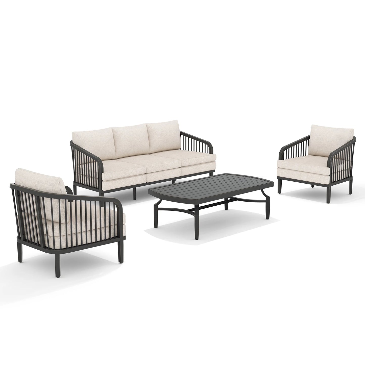 Outdoor furniture set with sofa, chairs, and table on a white background