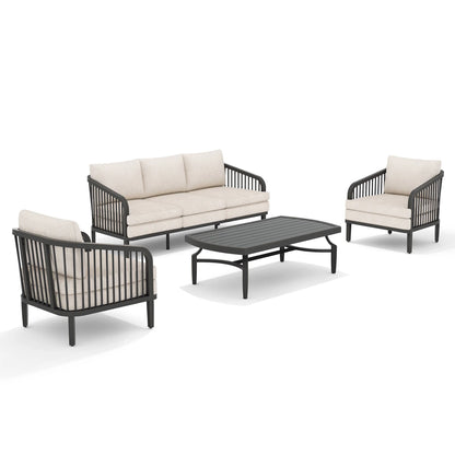 Outdoor furniture set with sofa, chairs, and table on a white background