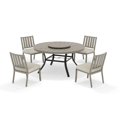 Round outdoor dining table with four armless chairs