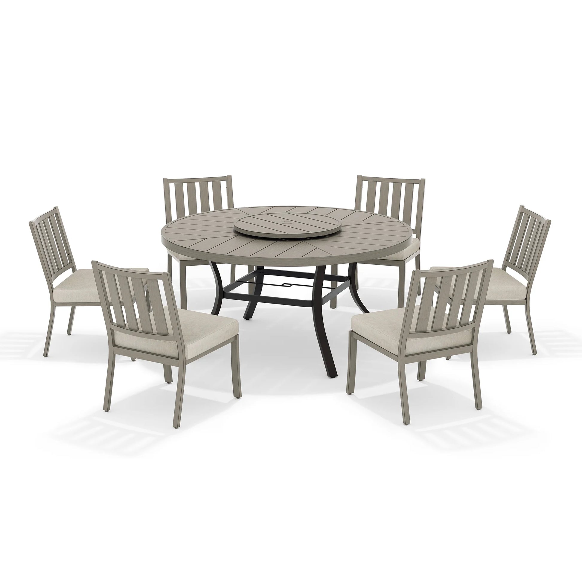 Round outdoor dining table with six armless chairs