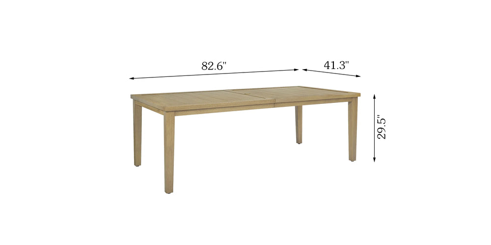 Dimension guide diagram of the Alcudia patio dining table showing measurements of 82.6 inches length, 41.3 inches width, and 29.5 inches height.