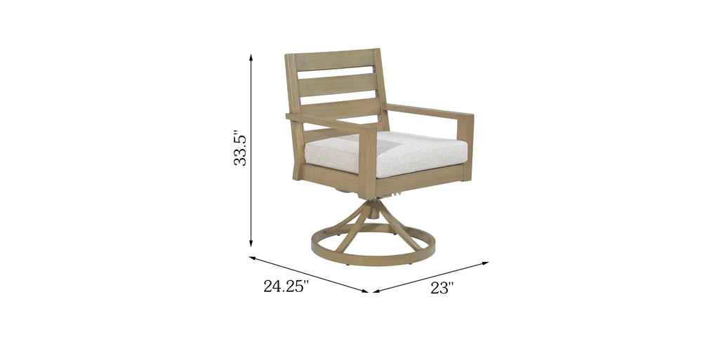 Dimension guide diagram of the Alcudia swivel rocker patio dining chair showing measurements of 33.5 inches height, 24.25 inches depth, and 23 inches width.