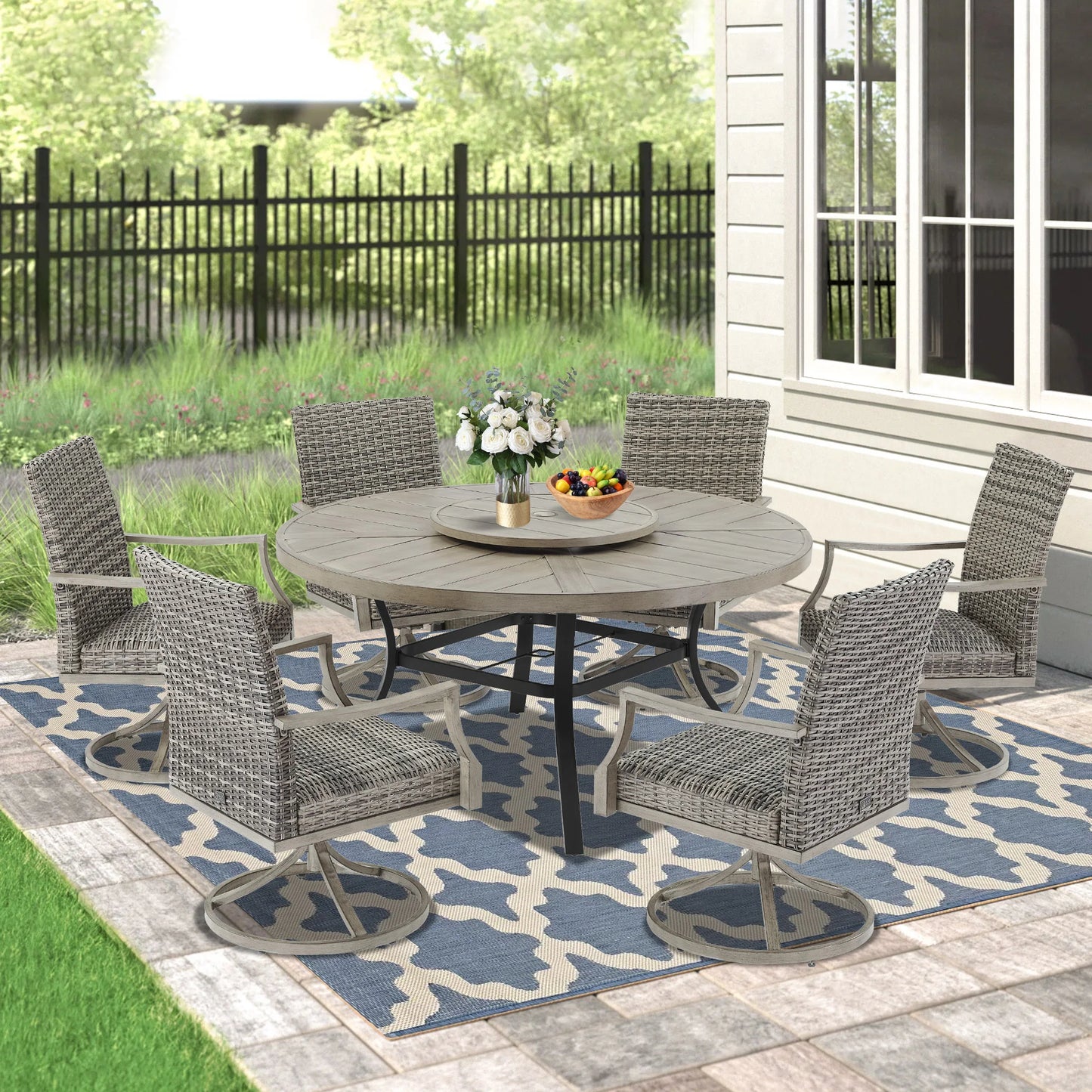 Allure 7-Piece Round Patio Dining Set With Wicker Chair