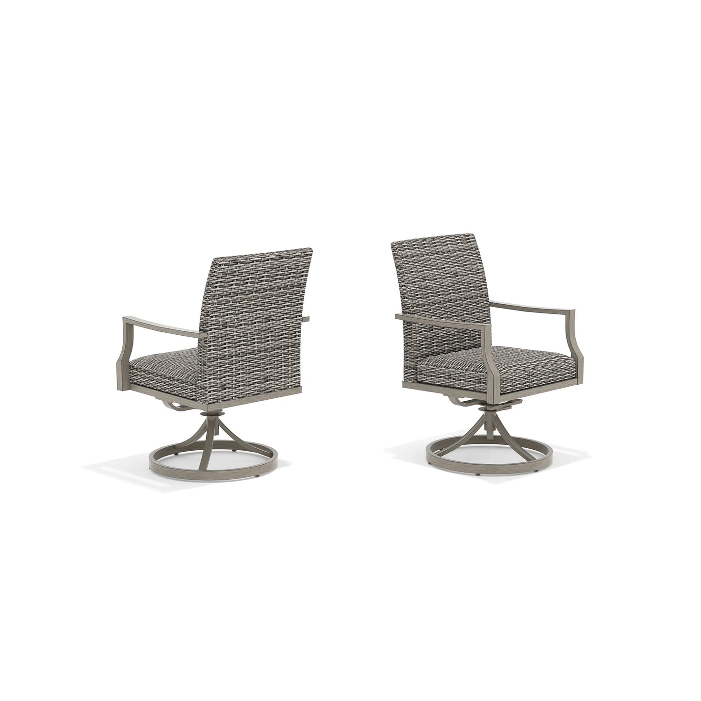 Two gray wicker outdoor chairs with metal swivel bases 