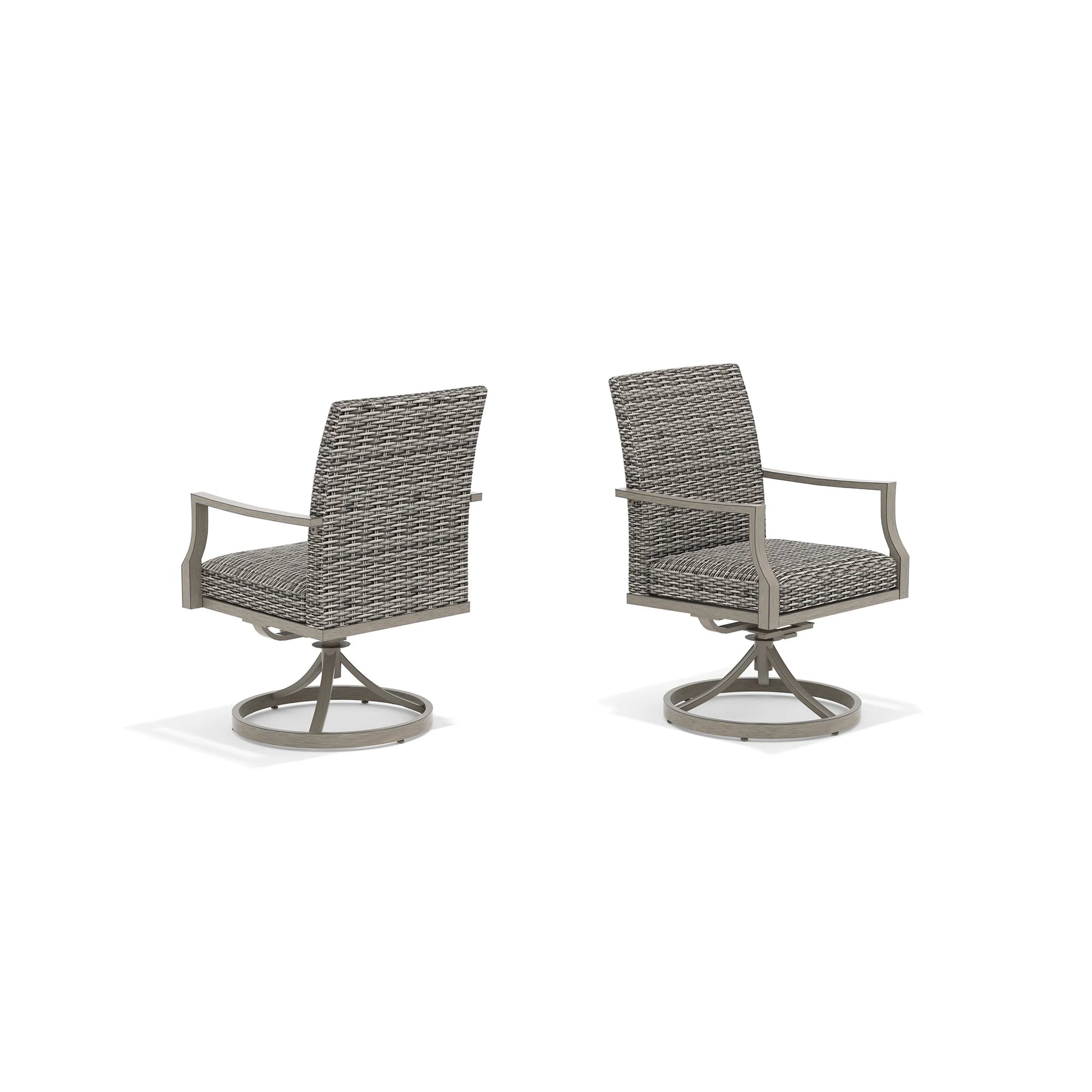 Two gray wicker outdoor chairs with metal swivel bases 