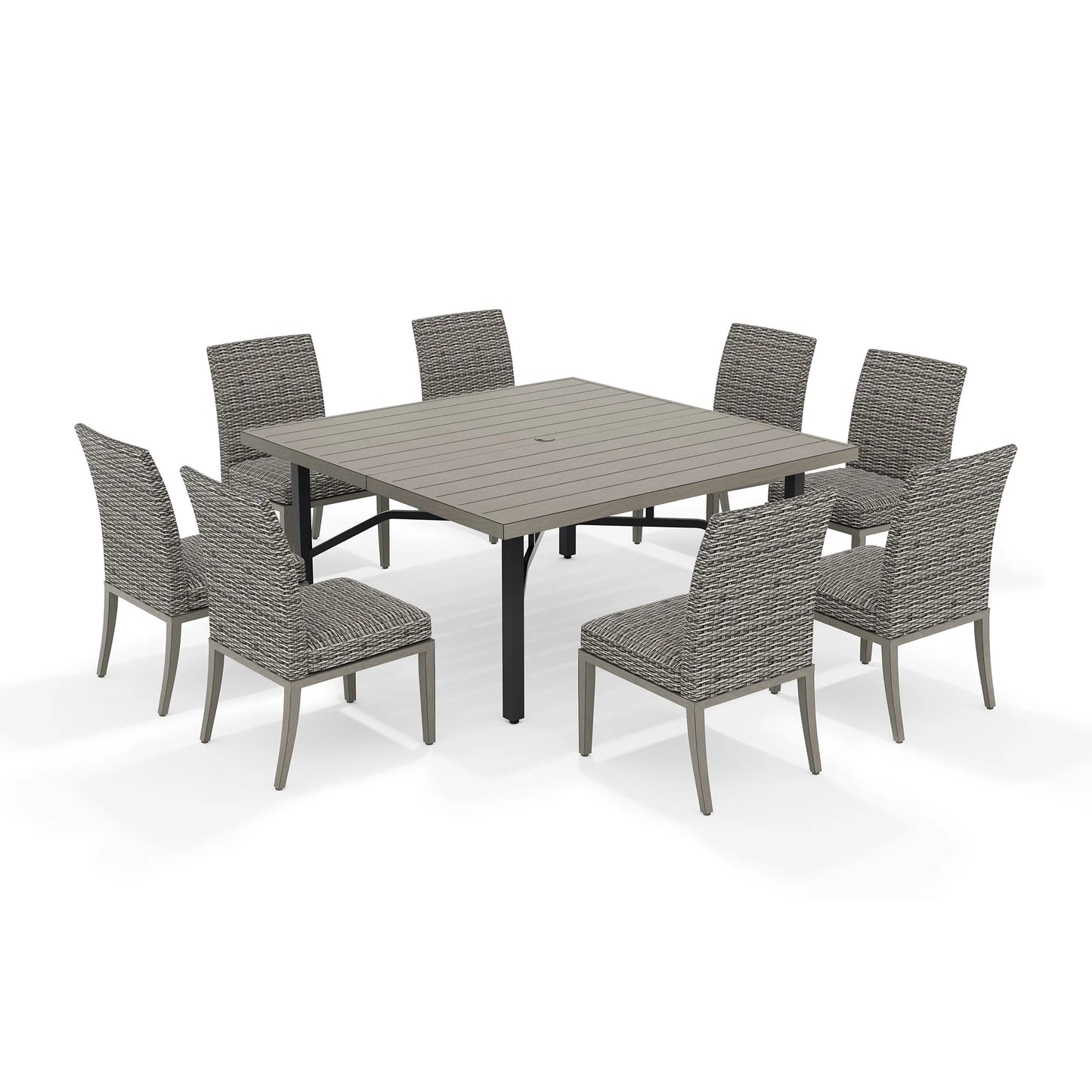Outdoor dining set with a rectangular table and eight wicker chairs