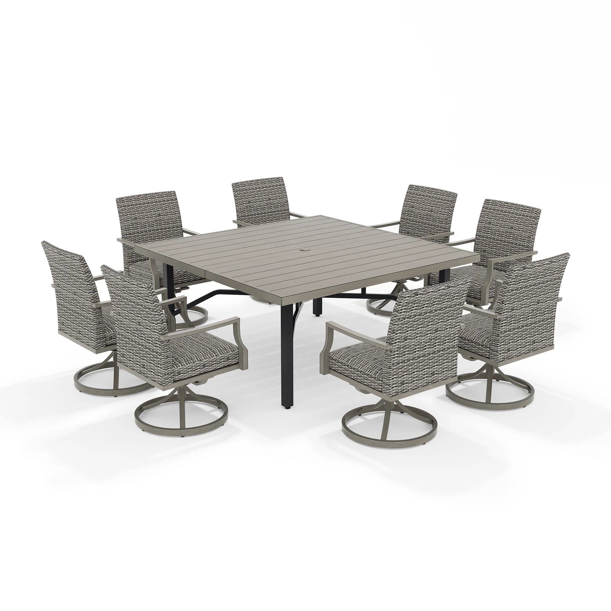 Outdoor dining set with a rectangular table and eight swivel chairs 