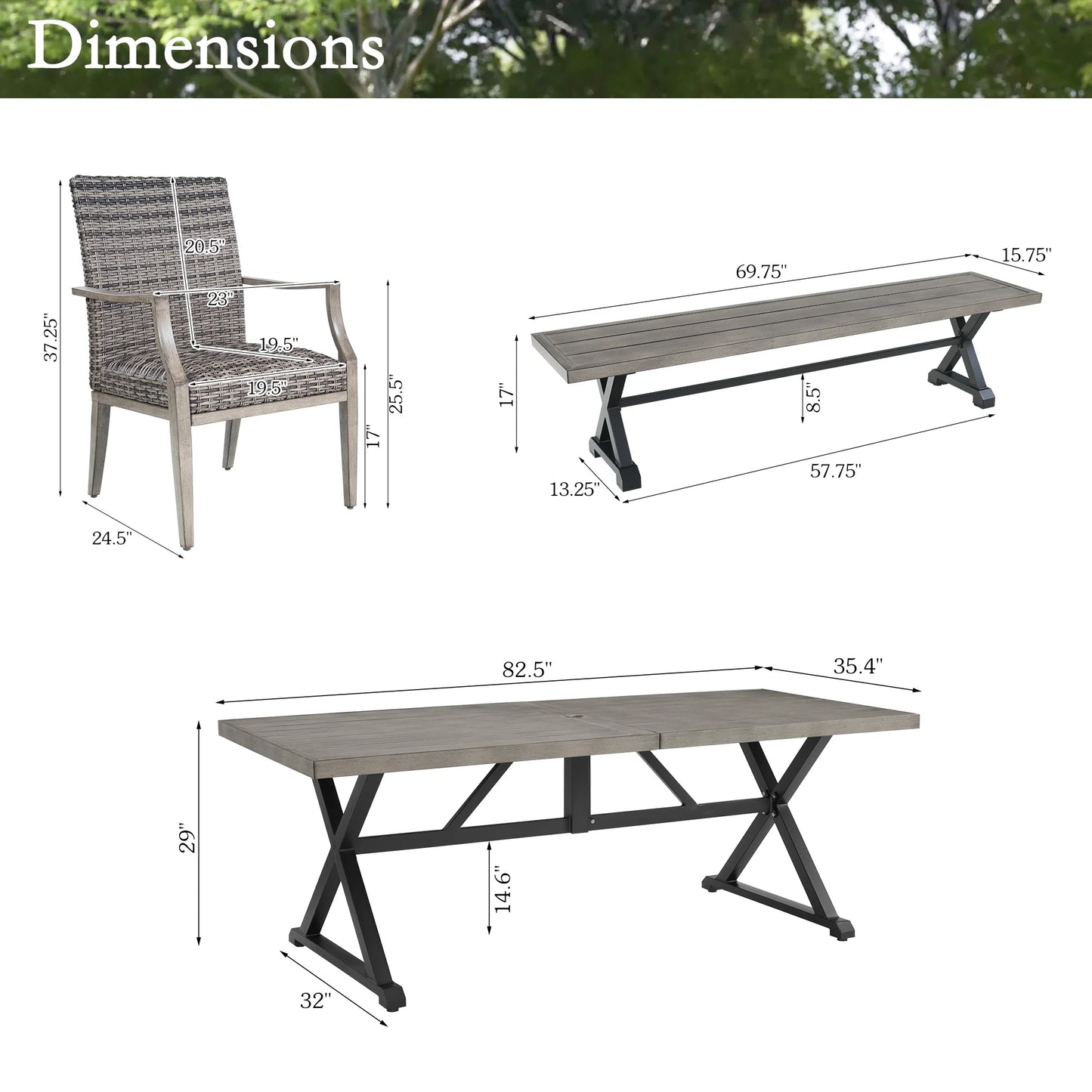 Allure Outdoor Dining Table and 4 Chairs and Bench
