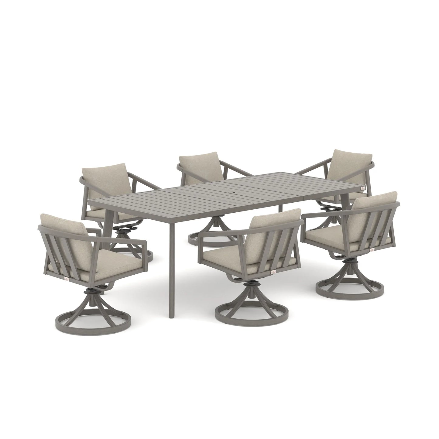 A 7-piece outdoor dining set featuring a rectangular gray slatted table and six matching swivel chairs with light beige cushions, shown on a solid white background.