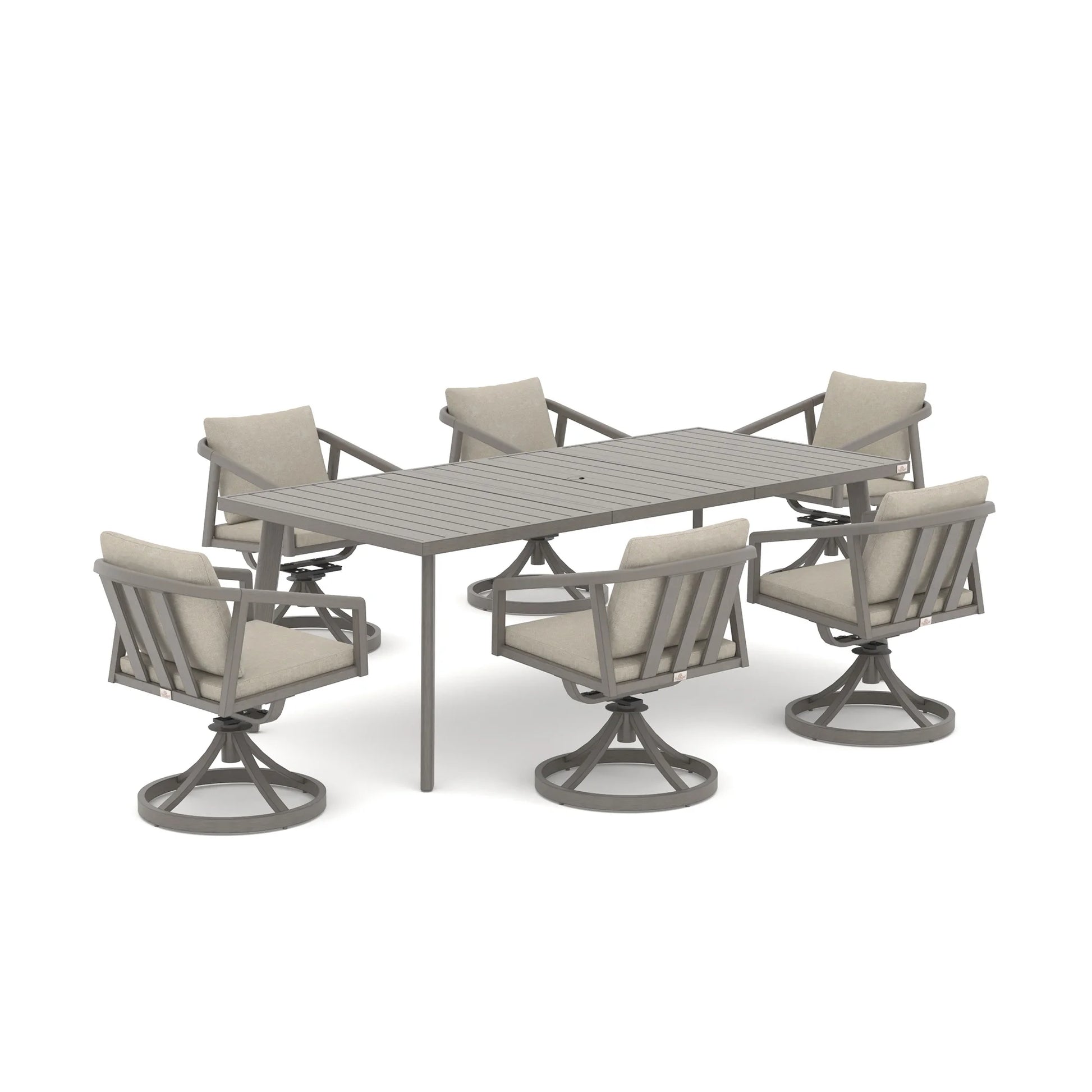 A 7-piece outdoor dining set featuring a rectangular gray slatted table and six matching swivel chairs with light beige cushions, shown on a solid white background.