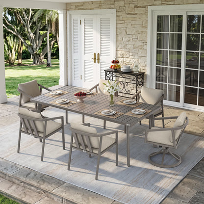 A 7-piece outdoor dining set with a rectangular slatted table and six cushioned chairs, shown on a patio in a residential backyard setting.