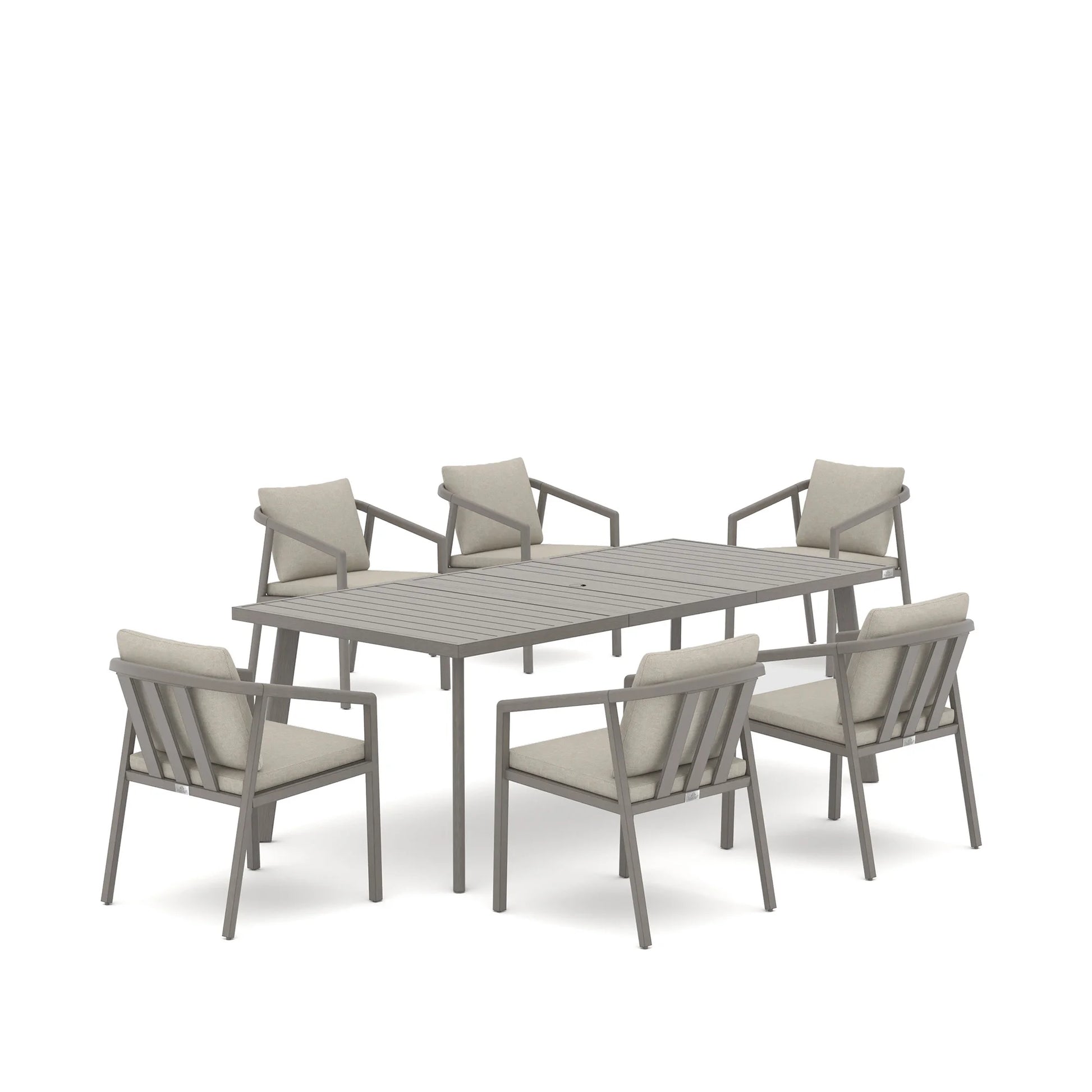A 7-piece outdoor dining set featuring a rectangular slatted table and six armchairs with light beige cushions and gray frames, shown on a white background.