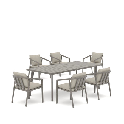 A 7-piece outdoor dining set featuring a rectangular slatted table and six armchairs with light beige cushions and gray frames, shown on a white background.