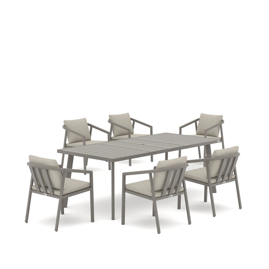 A 7-piece outdoor dining set featuring a rectangular slatted table and six armchairs with light beige cushions and gray frames, shown on a white background.