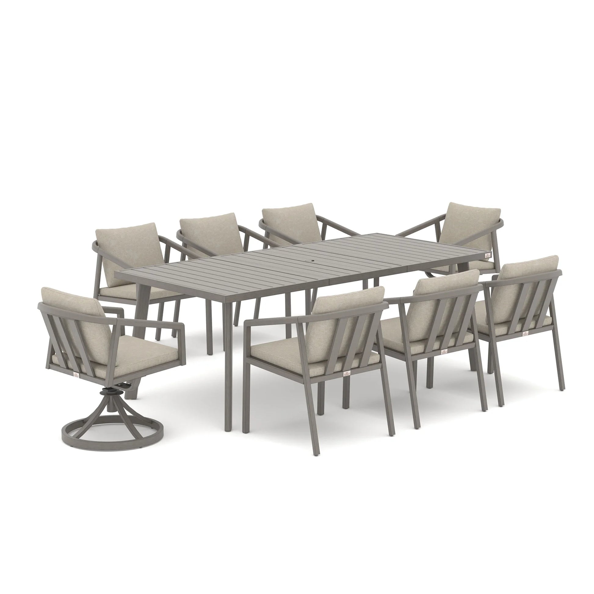 An 9-piece outdoor dining set with a rectangular gray slatted table and eight matching gray armchairs with beige cushions, including one swivel chair, shown on a white background.
