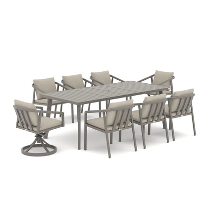 An 9-piece outdoor dining set with a rectangular gray slatted table and eight matching gray armchairs with beige cushions, including one swivel chair, shown on a white background.