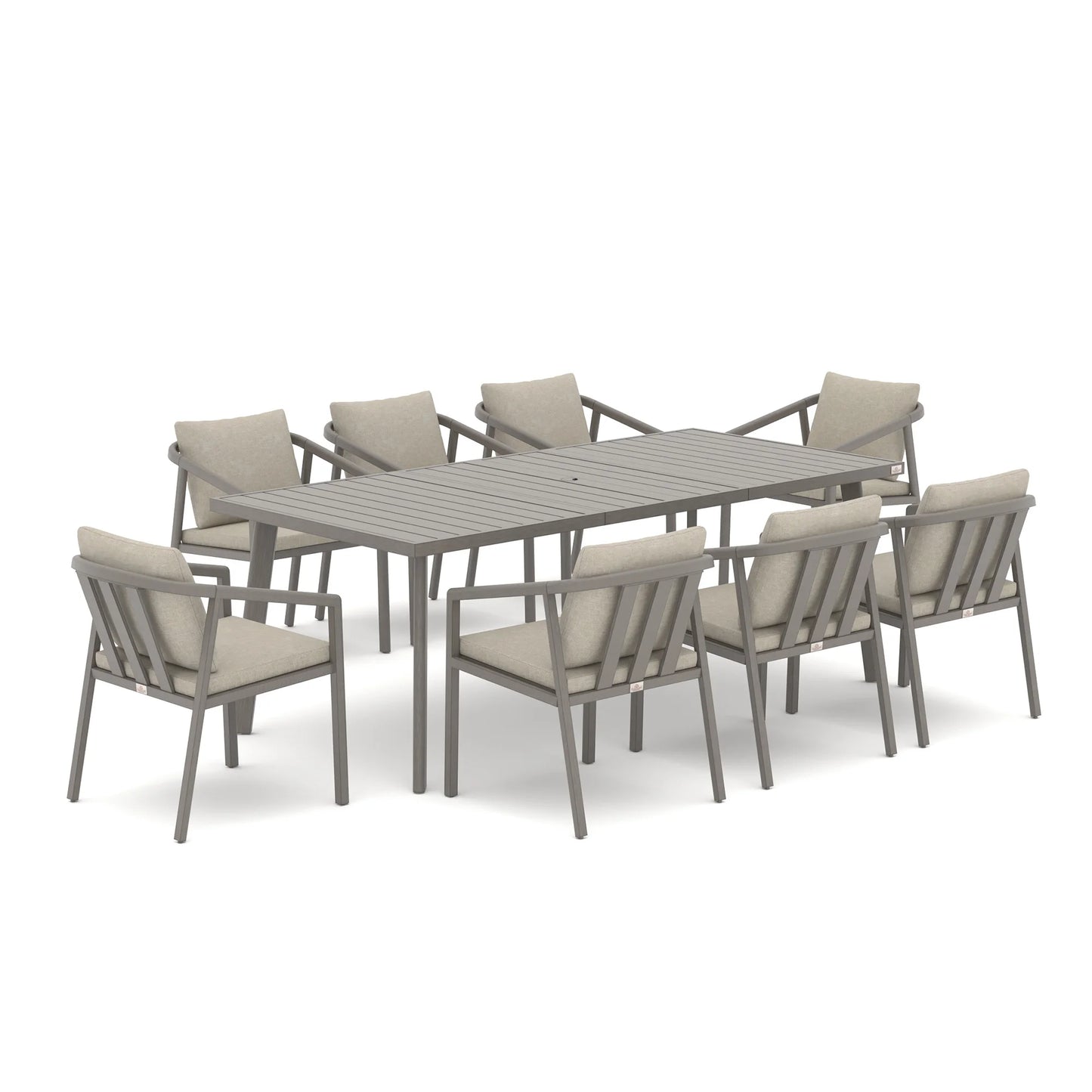 An 9-piece outdoor dining set featuring a rectangular gray slatted table and eight matching armchairs with light beige cushions, shown on a solid white background.