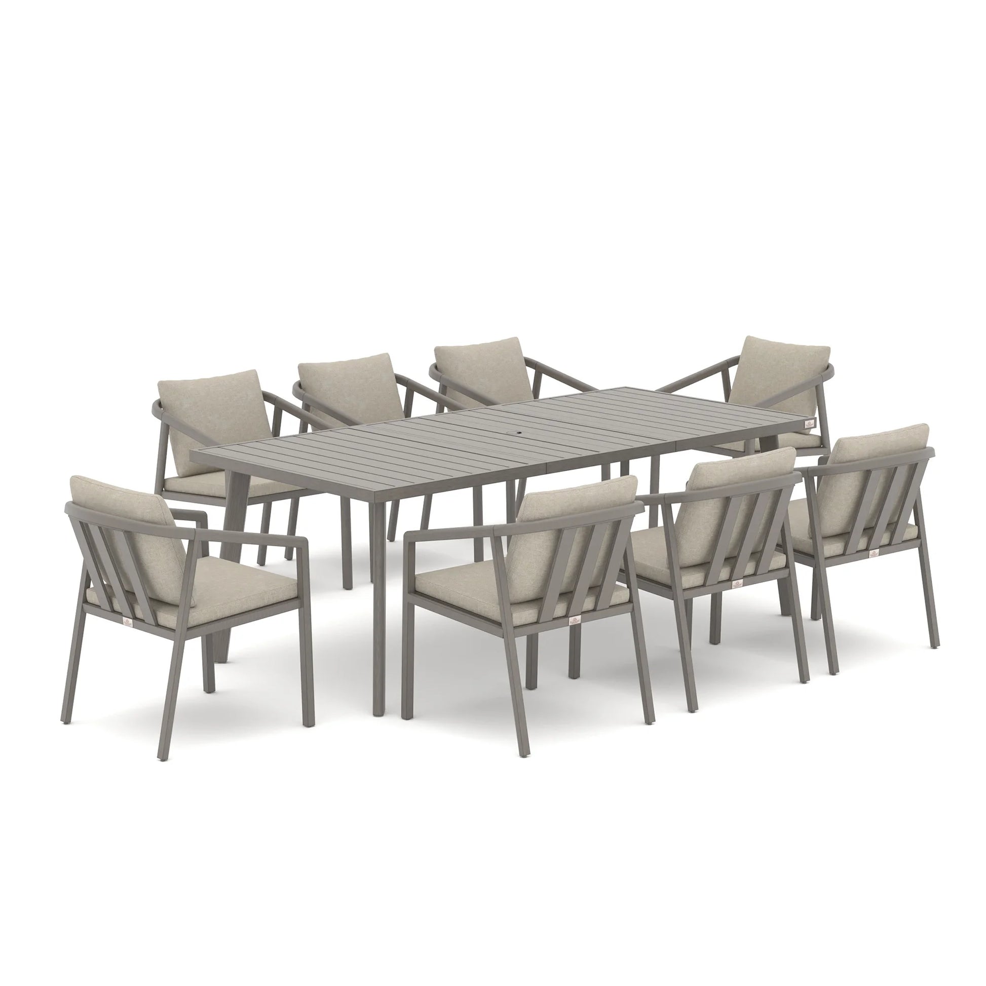 An 9-piece outdoor dining set featuring a rectangular gray slatted table and eight matching armchairs with light beige cushions, shown on a solid white background.