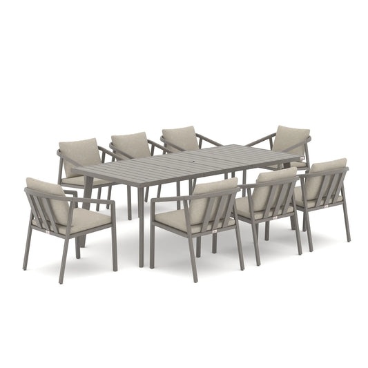 An 9-piece outdoor dining set featuring a rectangular gray slatted table and eight matching armchairs with light beige cushions, shown on a solid white background.