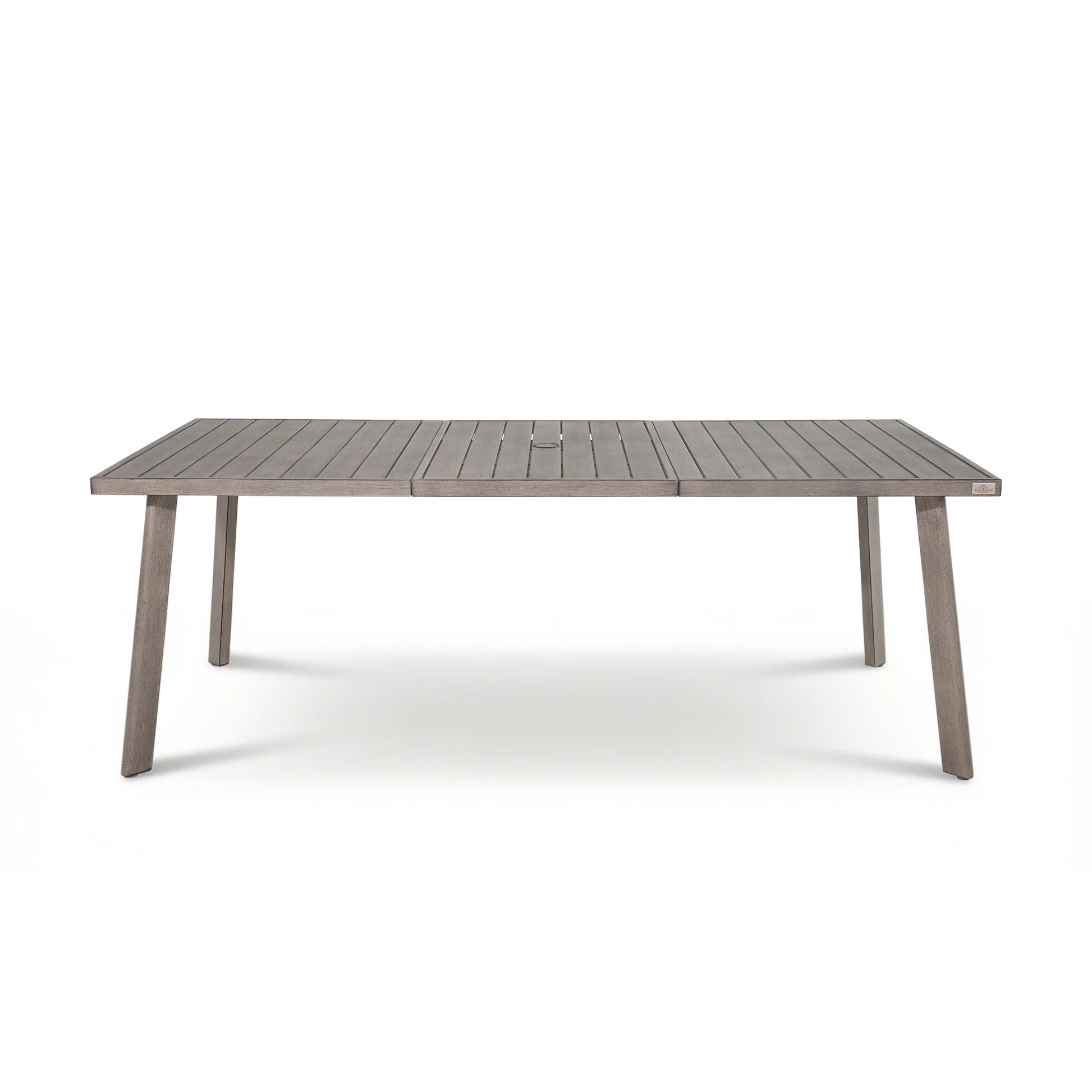 A rectangular outdoor dining table with a weathered gray-brown slatted top and matching tapered legs, shown on a clean white background.