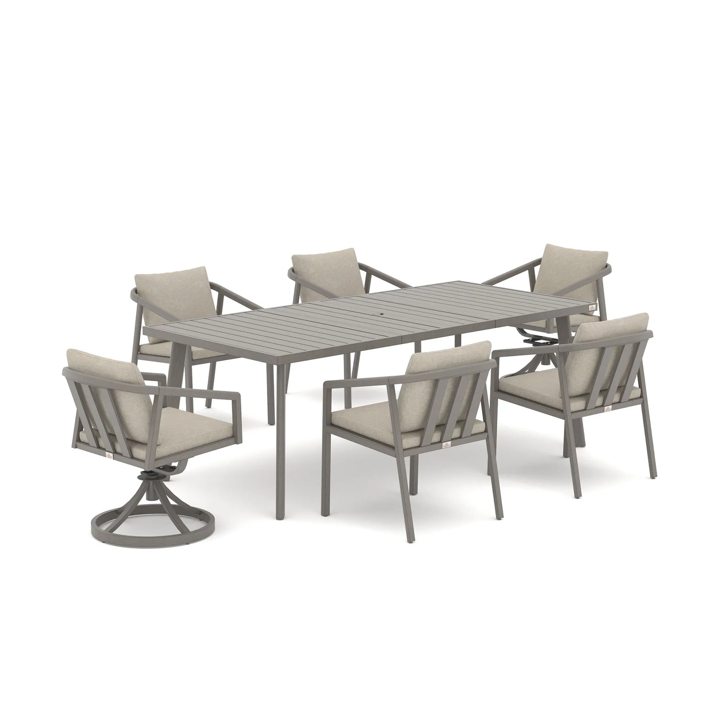 A 7-piece outdoor dining set featuring a rectangular gray slatted table and six matching armchairs with light beige cushions, including one swivel chair, shown on a white background.