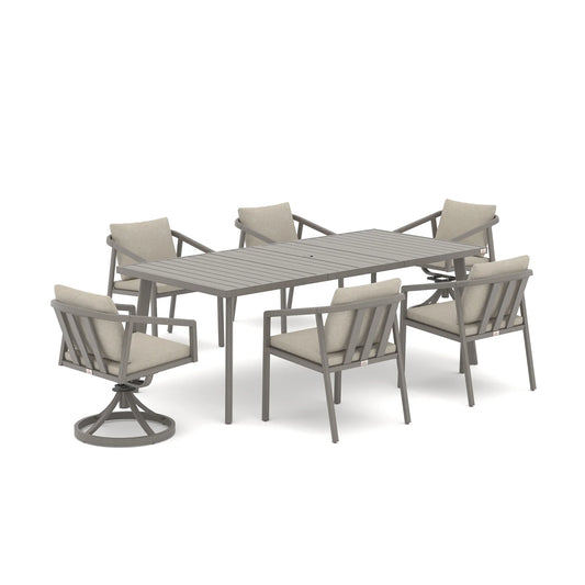 A 7-piece outdoor dining set featuring a rectangular gray slatted table and six matching armchairs with light beige cushions, including one swivel chair, shown on a white background.