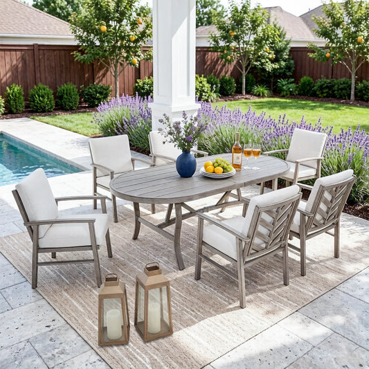 Amario 7-Piece Aluminum Outdoor Oval Dining Set with Sunbrella® Cushions